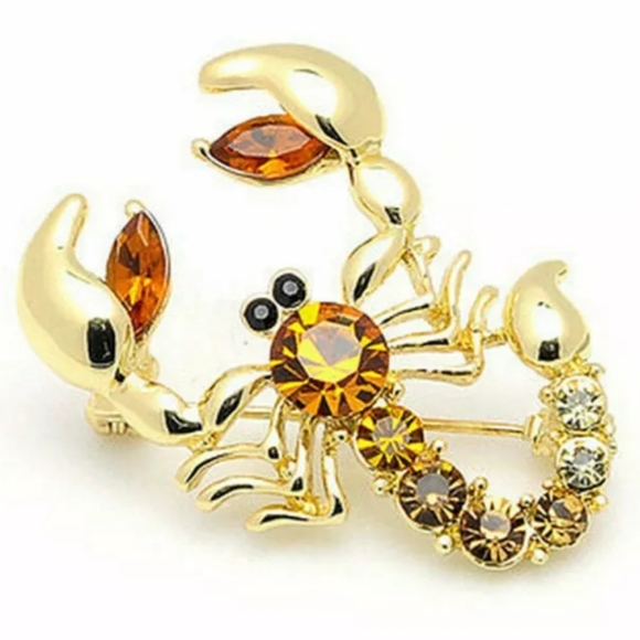 18K gold plated Orange and white crystal scorpion brooch - Picture 7 of 15